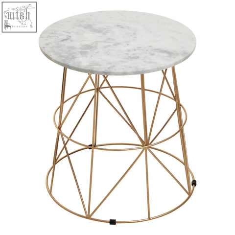 Mandoli white marble round side table with a white marble top and geometric gold metal base for modern decor