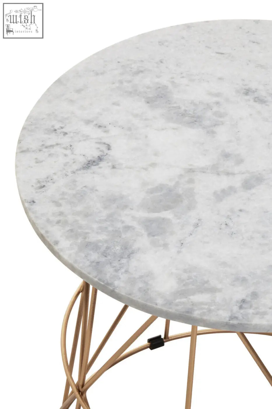 Mandoli white marble round side table with white marble top and gold metal frame perfect for any living room