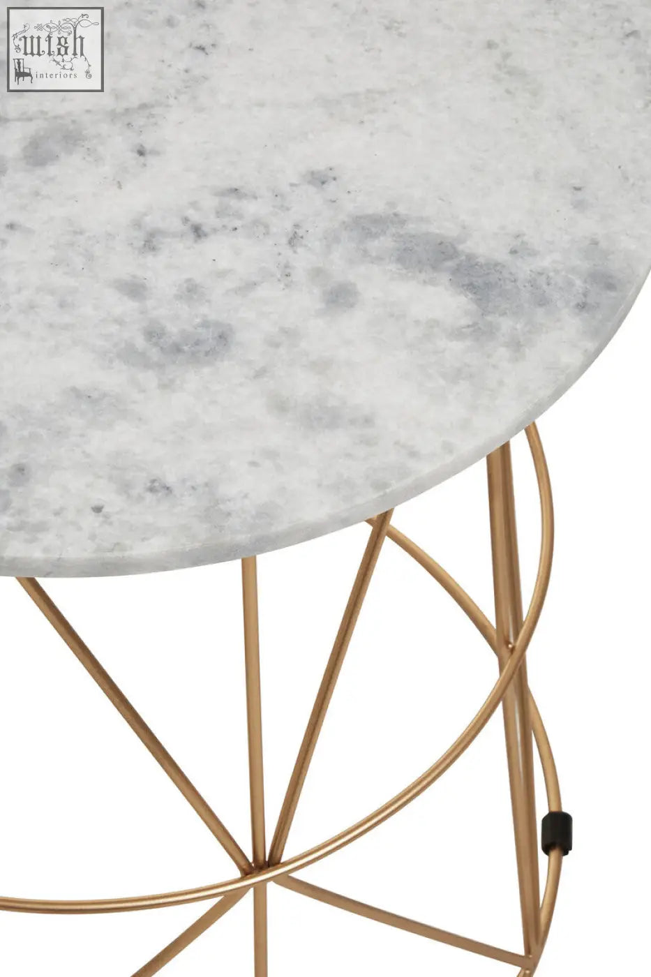 Mandoli white marble round side table with a gold-toned geometric metal base and white marble top