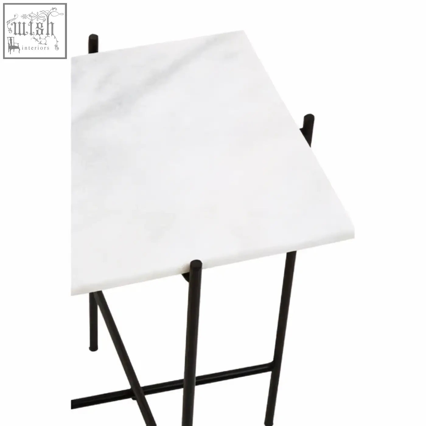 Mandoli white marble side table with white marble top and black iron frame legs for modern living spaces