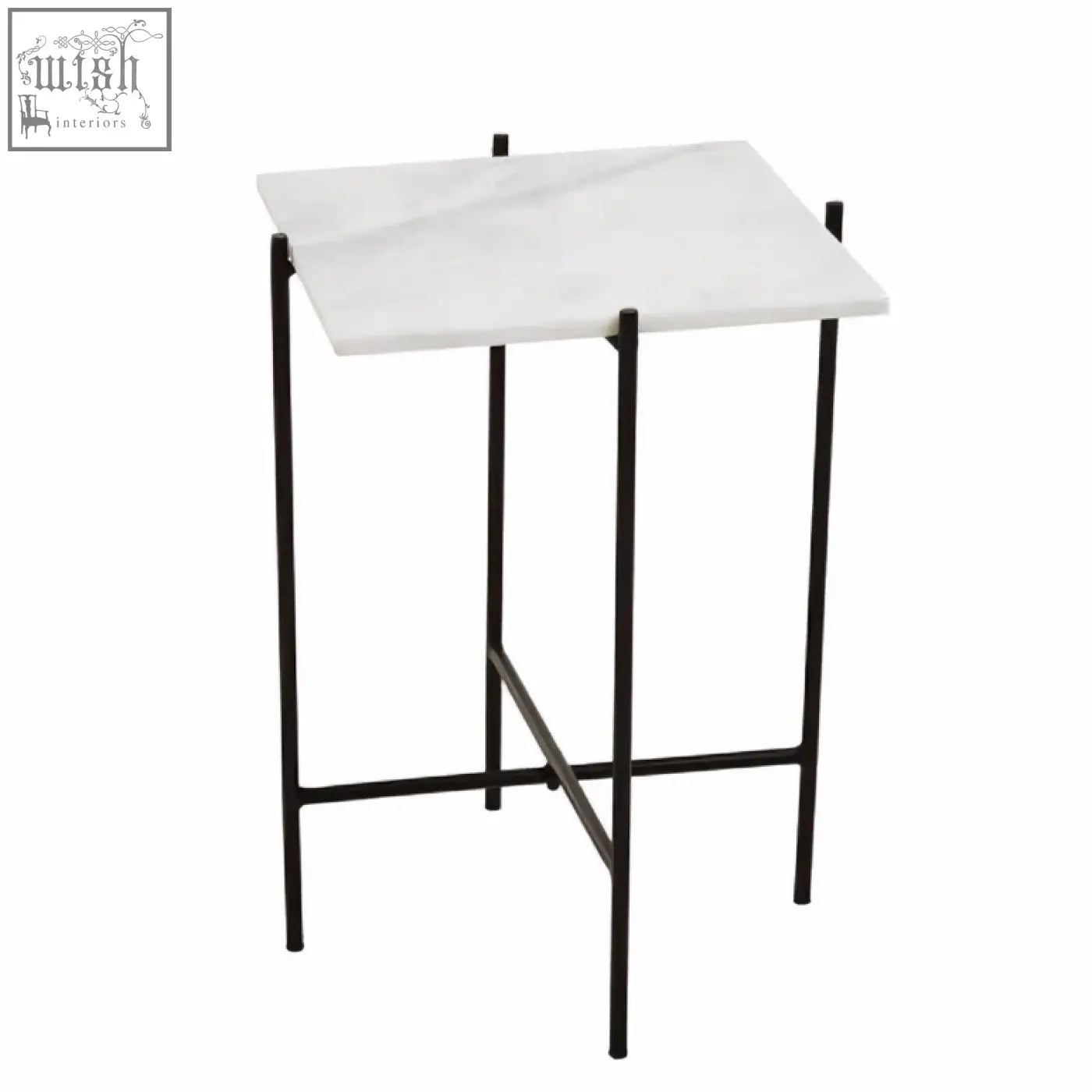 Mandoli white marble side table with white marble top and black iron frame legs for stylish living spaces