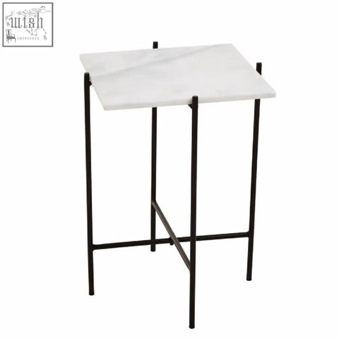 Mandoli white marble side table with white marble top and black iron frame legs for stylish living spaces