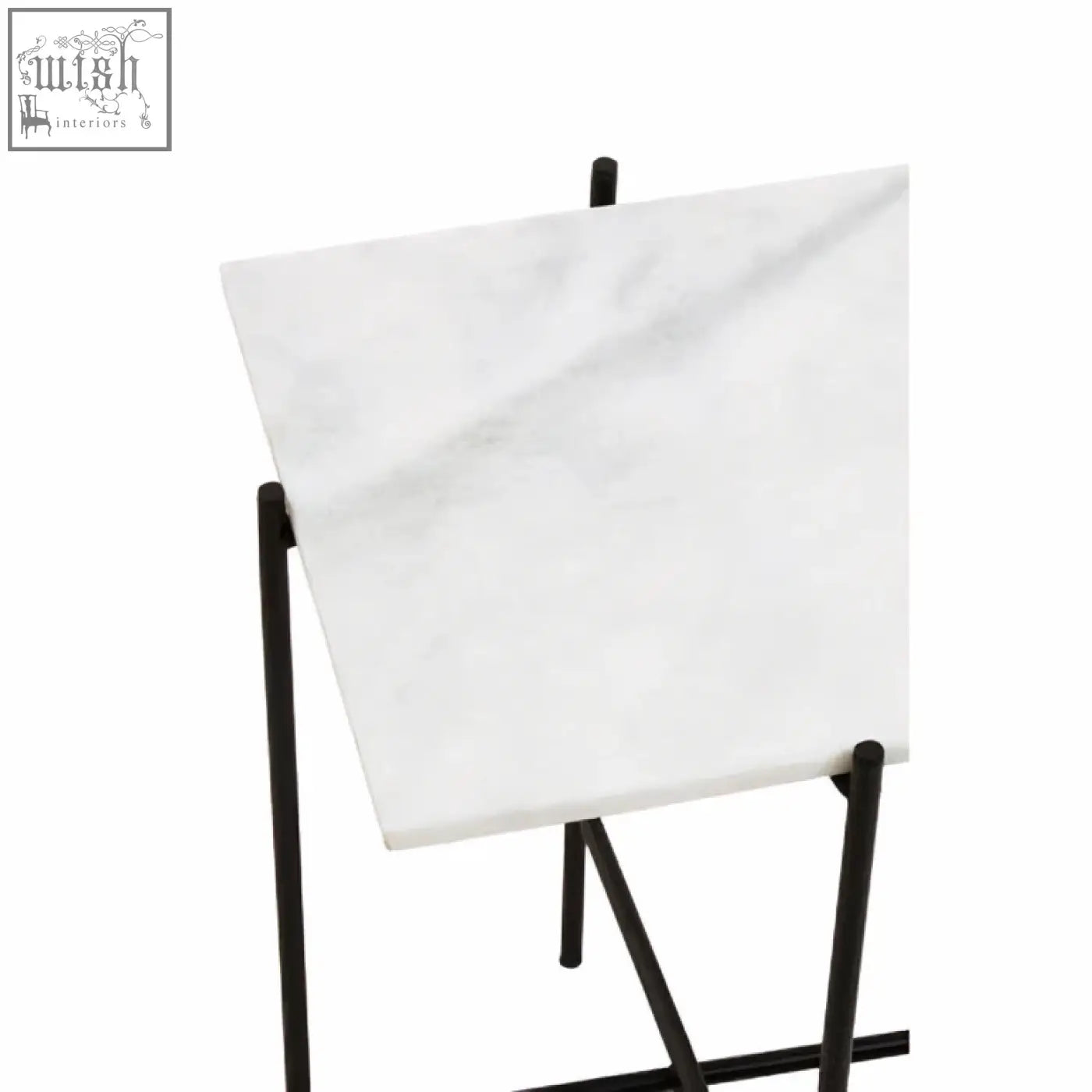 Mandoli white marble side table tile displayed on black iron frame easel stand showing white marble texture
