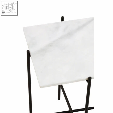 Mandoli white marble side table tile displayed on black iron frame easel stand showing white marble texture