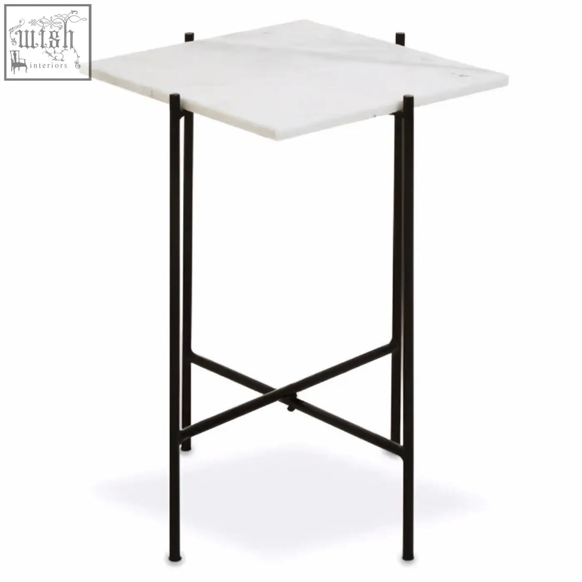 Mandoli white marble side table with white marble top and black iron frame featuring cross-bracing legs