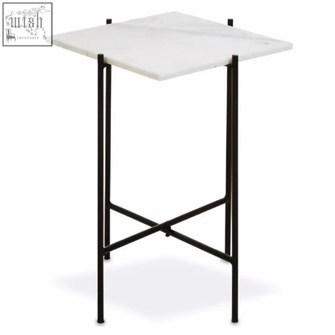Mandoli white marble side table with white marble top and black iron frame featuring cross-bracing legs