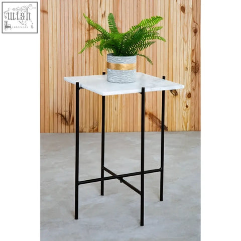 Mandoli white marble side table with white marble top iron frame black legs and gold band accent pot on top