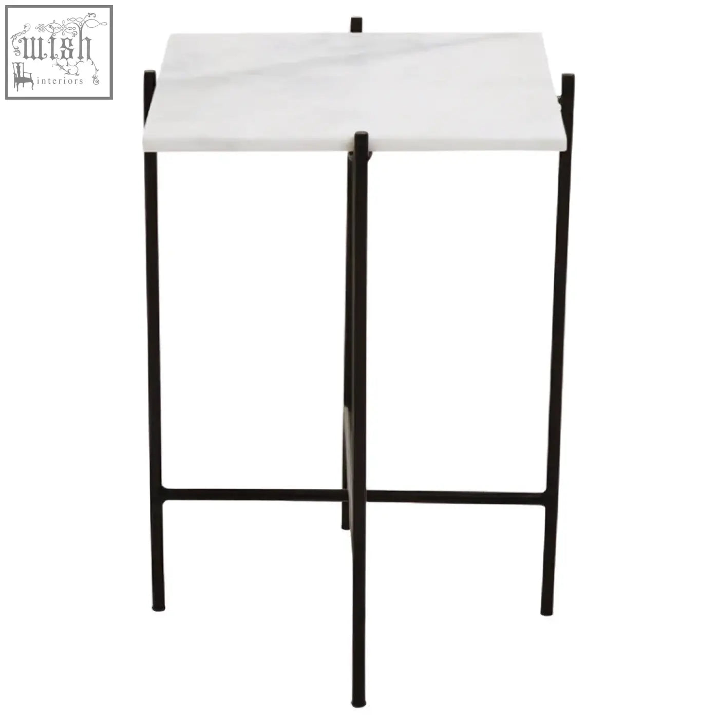 Mandoli white marble side table with a white marble top and sleek black iron frame legs for modern spaces