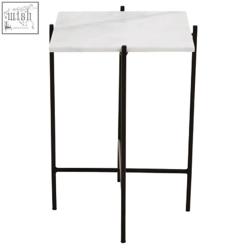 Mandoli white marble side table with a white marble top and sleek black iron frame legs for modern spaces