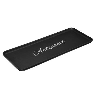 Black rectangular mange antipasti serving plate with silver cursive antipasti engraving perfect for antipasti serving