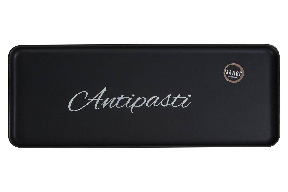 Black rectangular Mange antipasti serving plate with silver cursive text and small circular Mange logo for antipasti serving