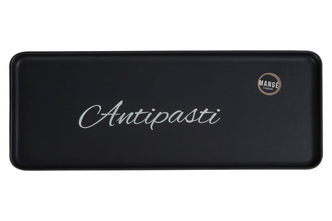 Black rectangular Mange antipasti serving plate with silver cursive text and small circular Mange logo for antipasti serving
