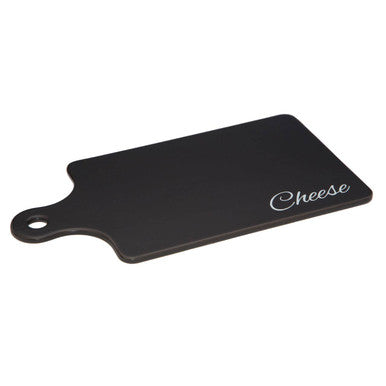 Black rectangular paddle cheese board with handle and white scripted cheese for serving and cutting cheese