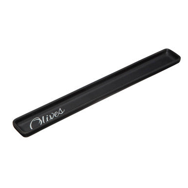 Black rectangular olive dish with silver cursive olives engraving perfect as a rectangular olive serving tray