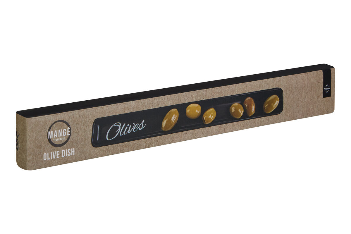 A rectangular brown cardboard olive dish package with a black window showing green and yellow olives labeled olives