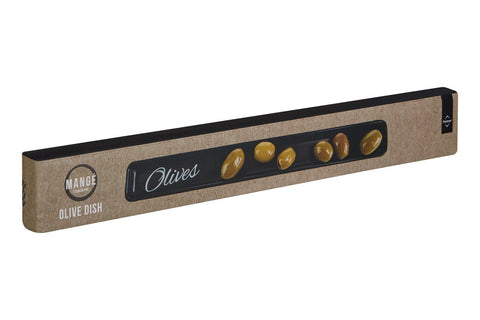A rectangular brown cardboard olive dish package with a black window showing green and yellow olives labeled olives