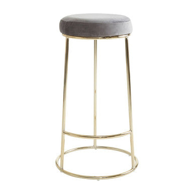 Manhattan grey velvet tall bar stool with plush grey velvet seat and slender gold metal legs for modern seating