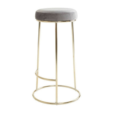A sleek manhattan grey velvet tall bar stool with soft grey velvet seat and slender gold-toned metal legs