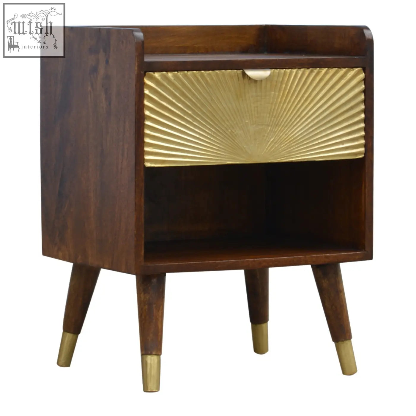 Mid-century modern manila gold bedside table with dark wood frame gold sunburst drawer and nordic style legs