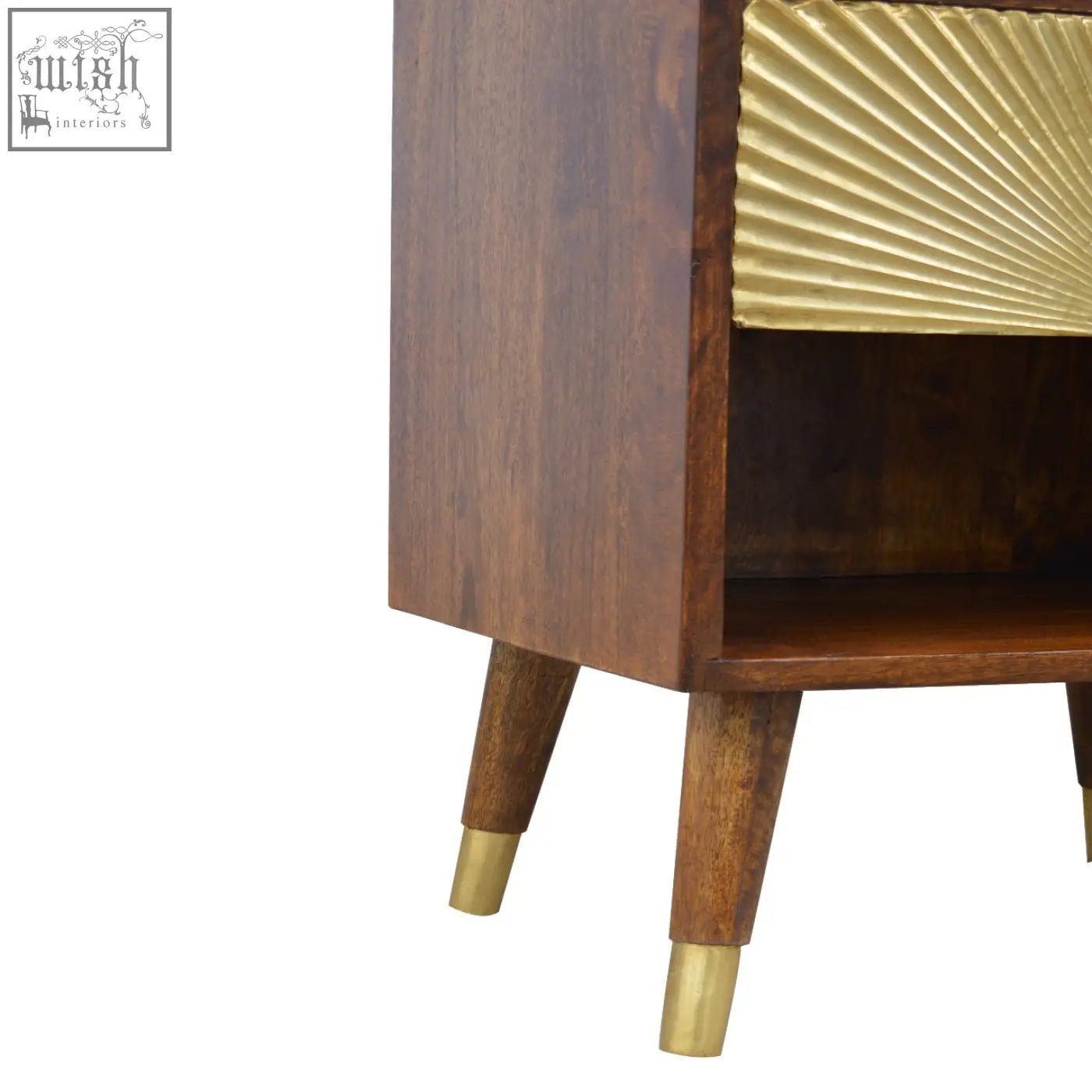 Mid-century modern bedside table with dark wood finish and gold manila gold fan panel detail on nordic style legs