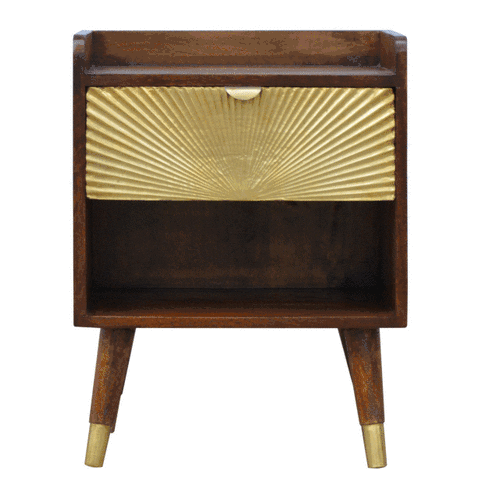 Mid-century modern manila gold bedside table with dark wood frame brass sunburst drawer and nordic style legs