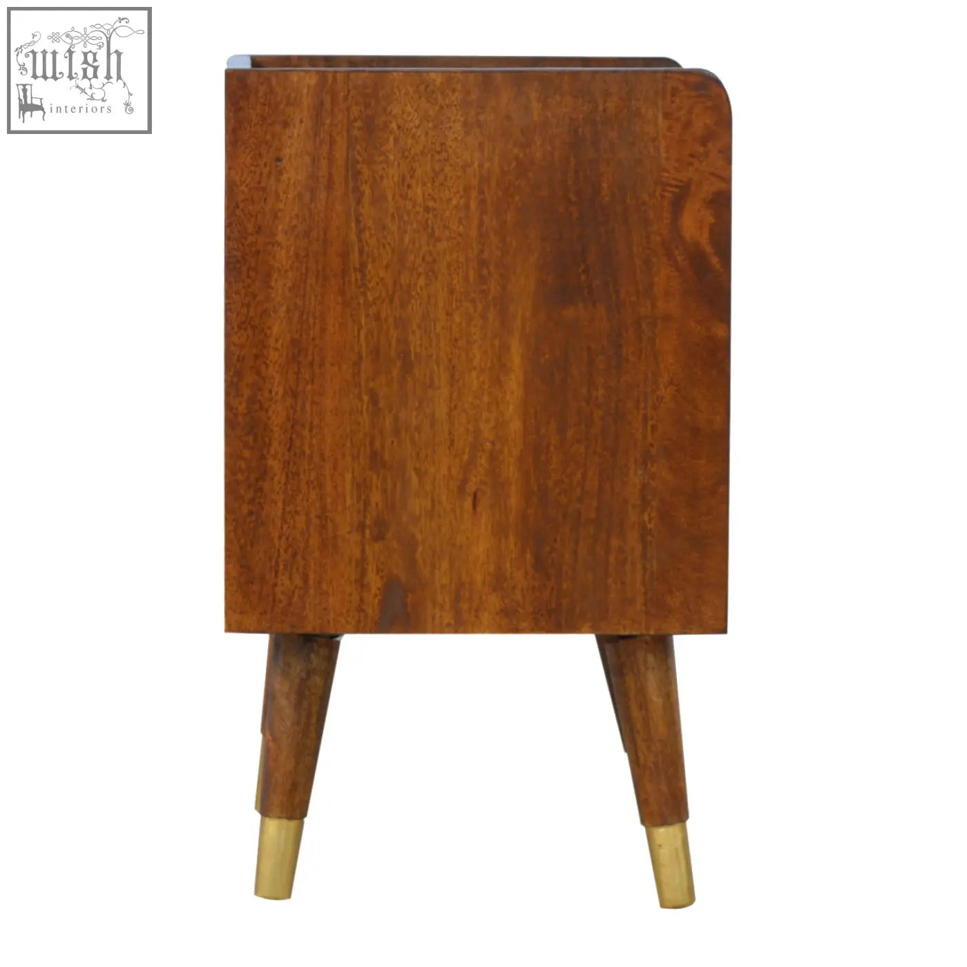 A mid-century modern wooden bedside table with manila gold drawer and nordic style legs with brass caps