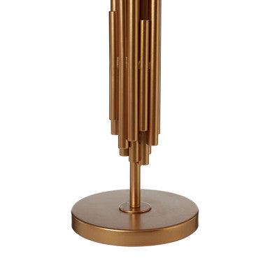 Bronze-colored metallic manor table lamp with sleek vertical tubes and drum shade in a modern fan-like design