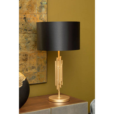 Gold-toned manor table lamp with sleek black drum shade and vertical rod detailing perfect for stylish lighting
