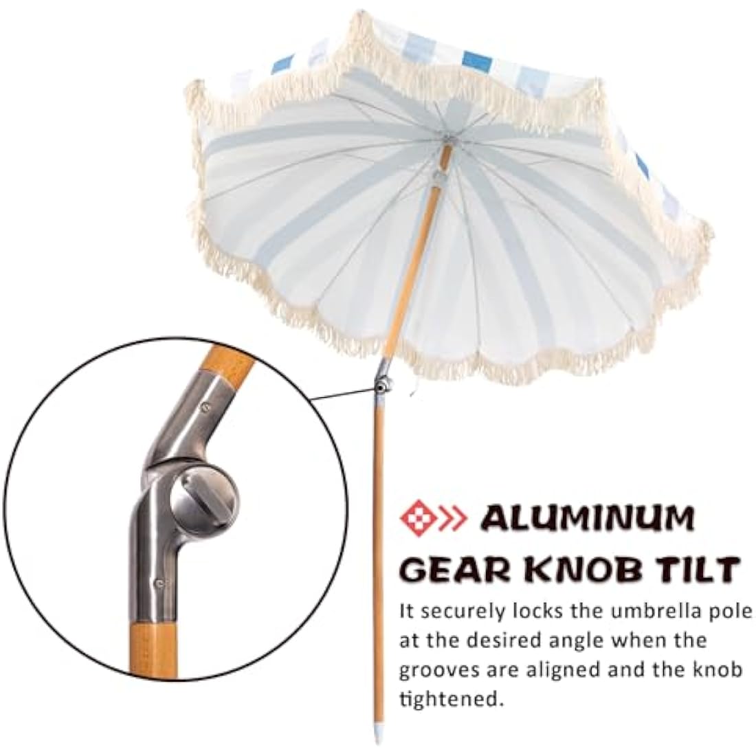 Mansader garden umbrella parasol in white and blue stripes with wooden pole and cream fringe for outdoor use