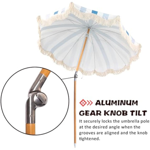 Mansader garden umbrella parasol in white and blue stripes with wooden pole and cream fringe for outdoor use