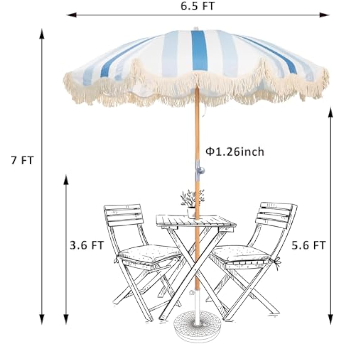 Mansader garden umbrella parasol with blue and white stripes cream fringe wooden pole for outdoor patio use