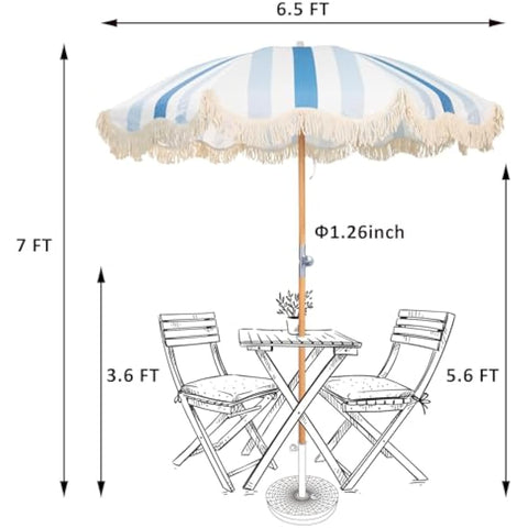 Mansader garden umbrella parasol with blue and white stripes cream fringe wooden pole for outdoor patio use