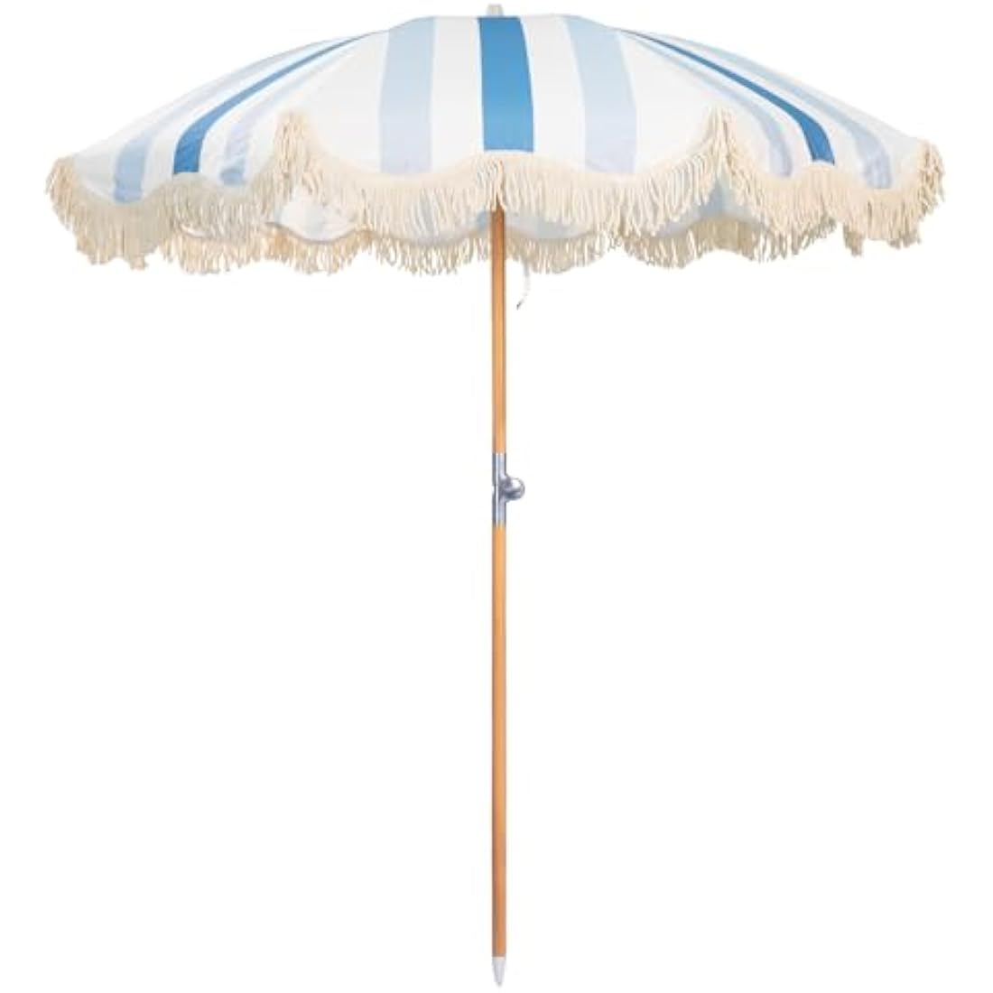 A stylish mansader 2m garden umbrella parasol with light blue white stripes cream fringe and a premium wood pole