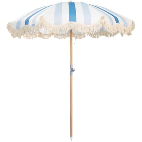 A stylish mansader 2m garden umbrella parasol with light blue white stripes cream fringe and a premium wood pole