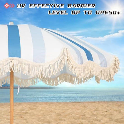 Mansader garden umbrella parasol with white and light blue stripes wooden pole cream fringe for outdoor patio use