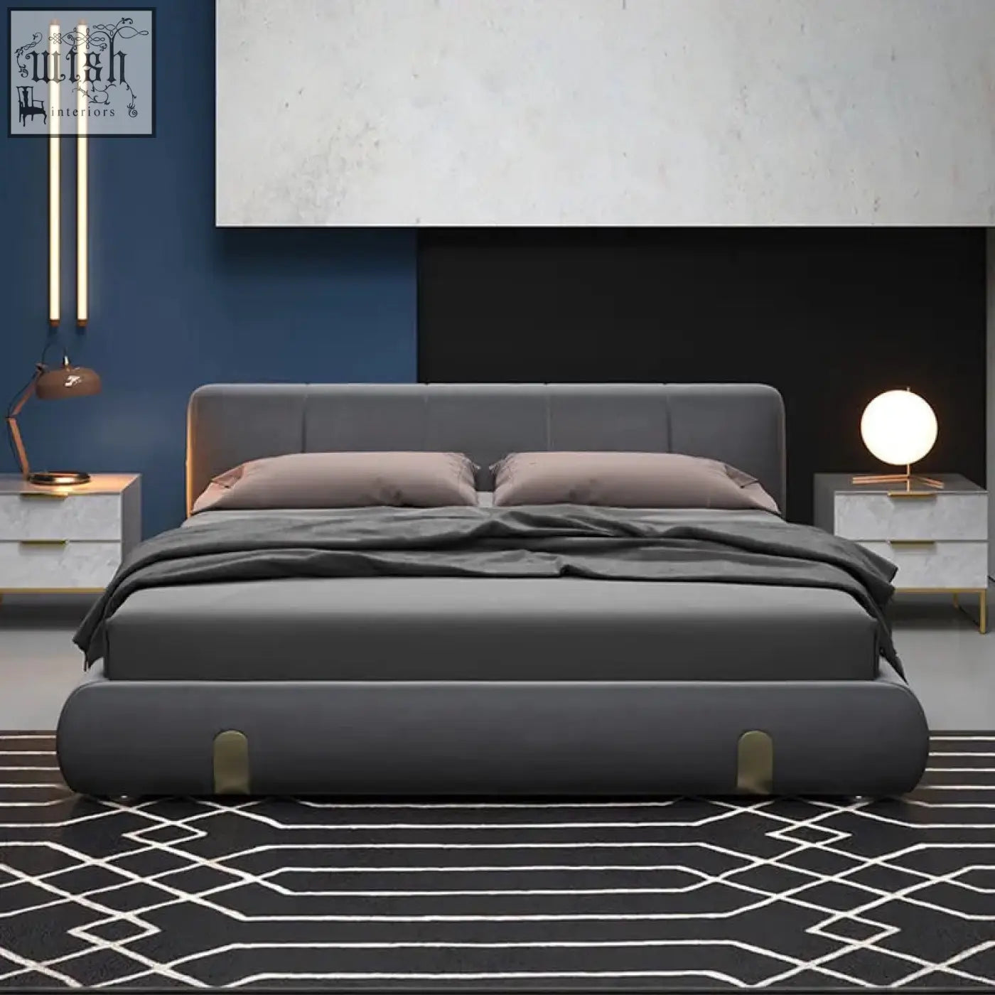 Modern gray mao bed with plush headboard and gold-tone feet in a sleek minimalist contemporary design