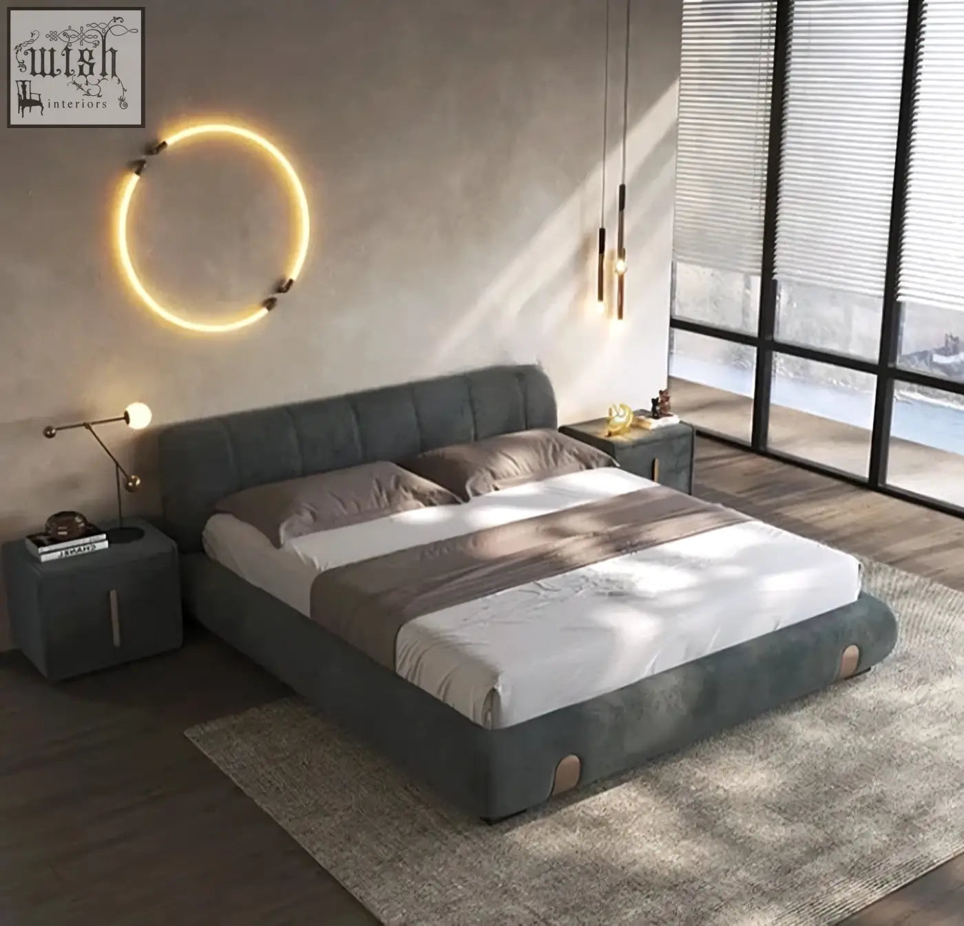 Modern gray mao bed with plush tufted headboard and matching nightstands in a sleek contemporary design