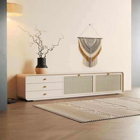 Beige mar tv stand wood media console with woven cane panels and gold tone drawer pulls for stylish storage