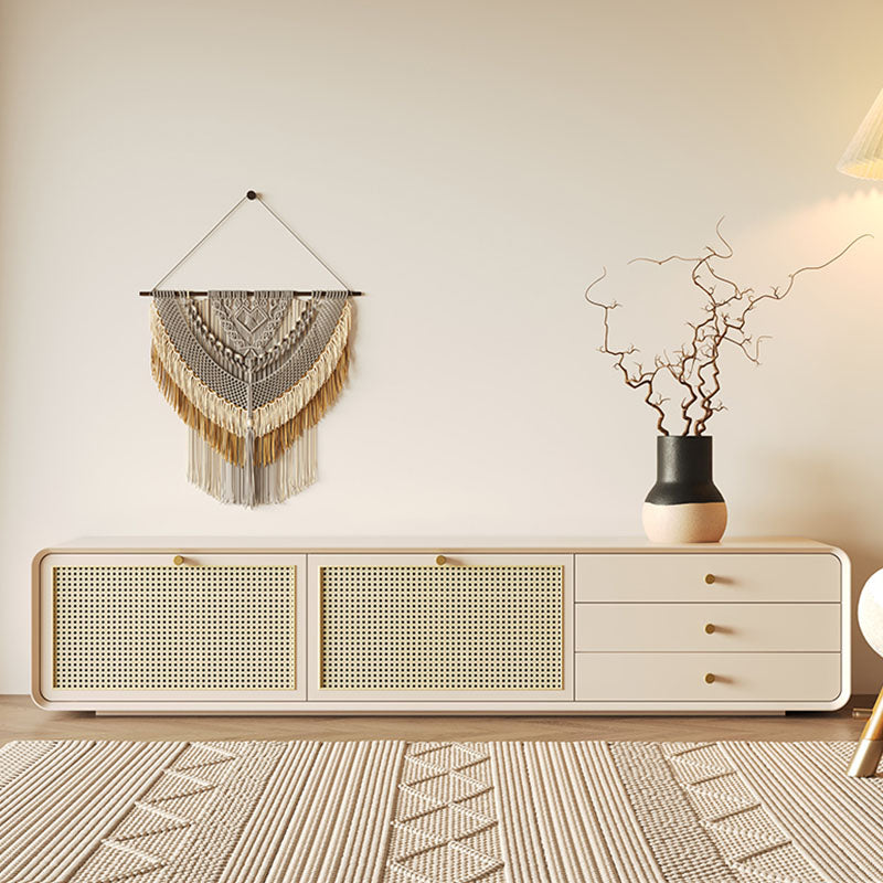 Beige mar tv stand sideboard with woven cane panels and gold tone handles made of wood for stylish storage