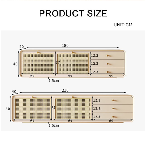 Beige woven rattan wall-mounted jewelry organizer with drawers and hooks shown with mar tv stand wood