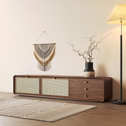 Wooden mar tv stand with woven cane panels and brass handles for stylish living room storage and display