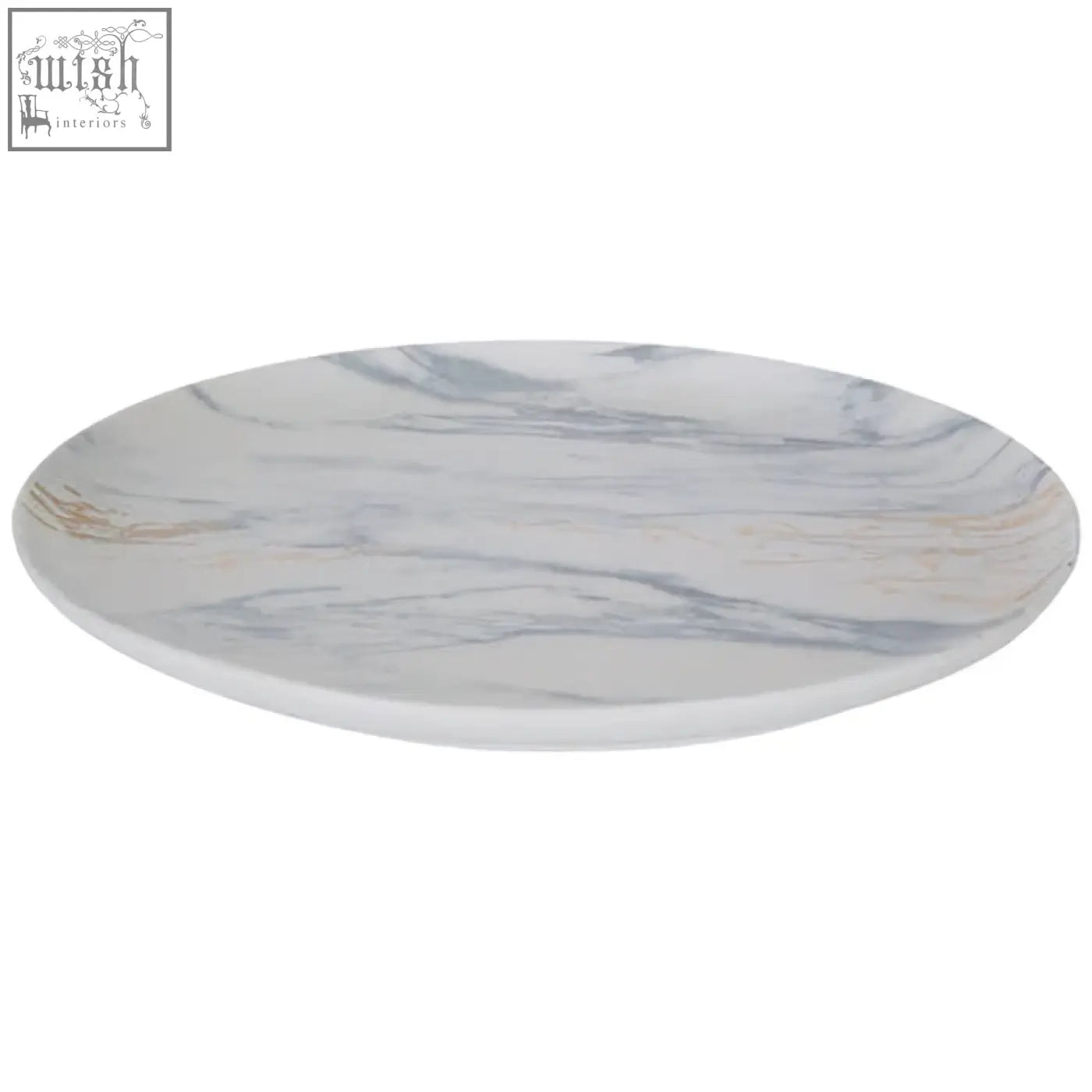 A sleek round marble luxe dinner plate with a white base and elegant gray marble veining for luxe dining