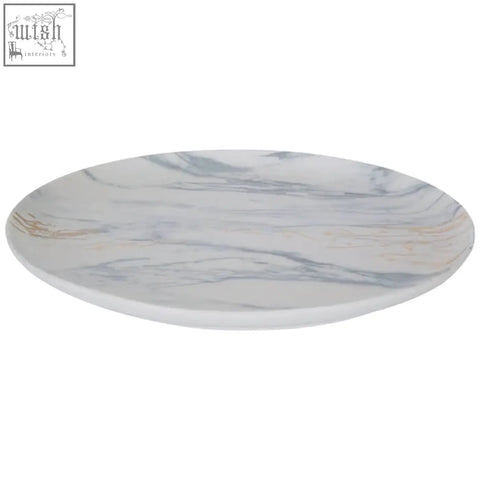 A sleek round marble luxe dinner plate with a white base and elegant gray marble veining for luxe dining