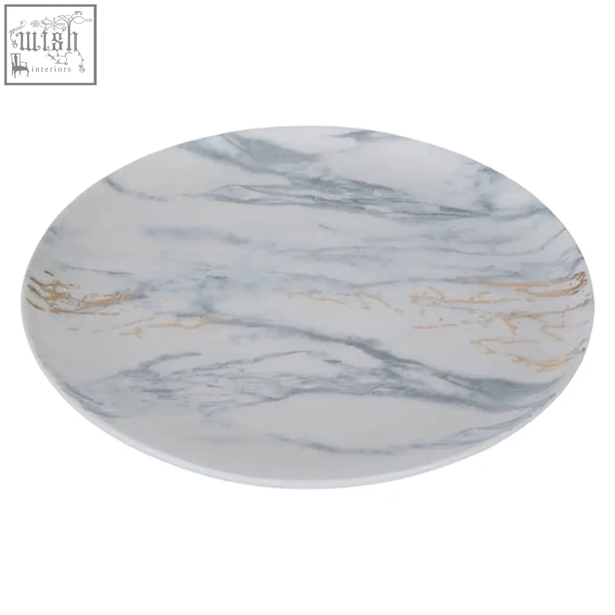 White ceramic marble luxe dinner plate with gray and gold marble pattern for luxe dinner settings
