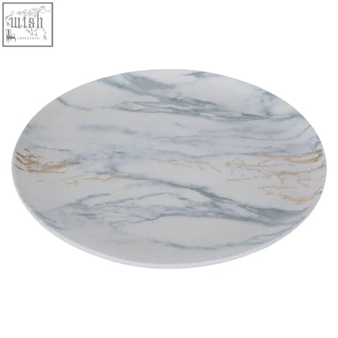 White ceramic marble luxe dinner plate with gray and gold marble pattern for luxe dinner settings