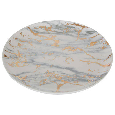 A sleek marble luxe side plate with a white and gray marble pattern and gold leaf streak accents