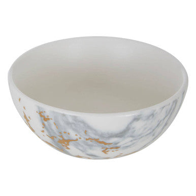 White ceramic marble luxe snack bowl with gray marble patterns and gold leaf accents perfect for serving snacks