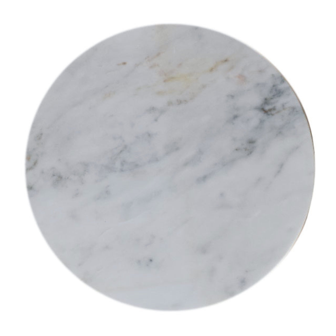 White marble circular coaster with gray beige veining on marble top bulla side table accent piece mango wood