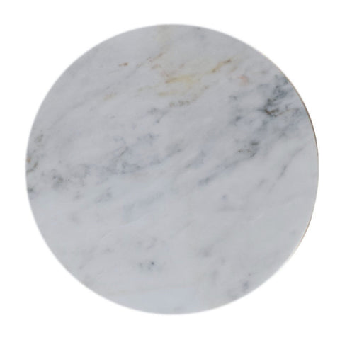 White marble circular coaster with gray beige veining on marble top bulla side table accent piece mango wood