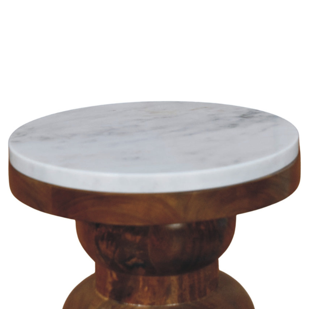 Round white marble top marble effect bulla side table with dark brown solid mango wood base accent piece